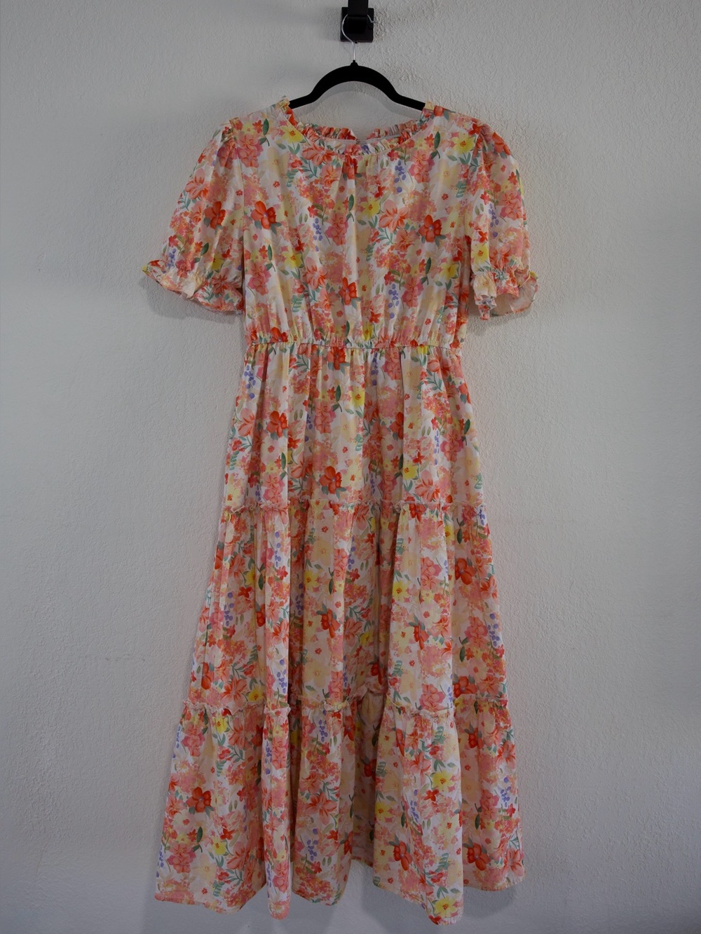 Peach Floral Puff-Sleeve Maxi Dress